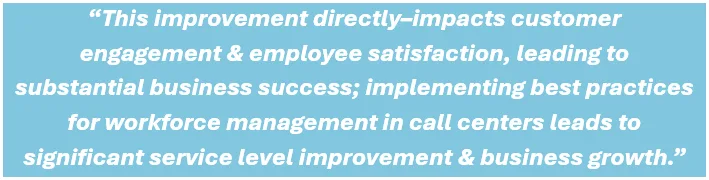 This improvement directly–impacts customer engagement & employee satisfaction, leading to substantial business success; implementing best practices for workforce management in call centers leads to significant service level improvement & business growth.